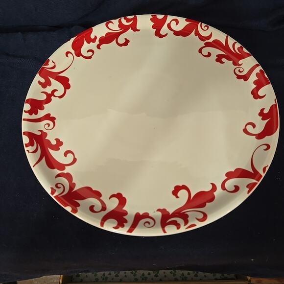 Ciroa Fiori Red Pedestal Cake Serving Plate Porcelain White Red Swirl Leaf Desig - Picture 3 of 8
